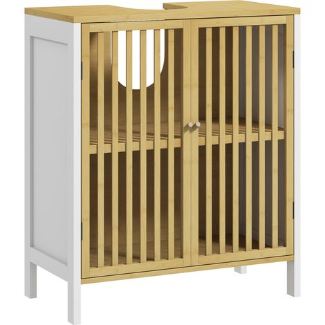 Meuble sous vasque 60x30x70 cm, 2 portes avec étagère ajustable, armoire de rangement lavabo en MDF et bambou (1/5)