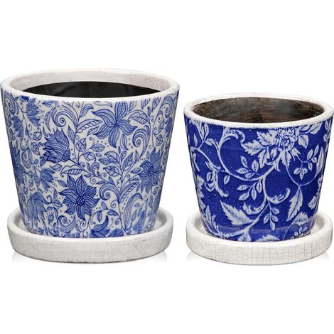 Lot de 2 pots de fleurs ronds en céramique avec trous de drainage et soucoupes - Petit pot en céramique pour plantes succulentes, cactus, intérieur et extérieur, jardin, maison, rebord de (1/5)