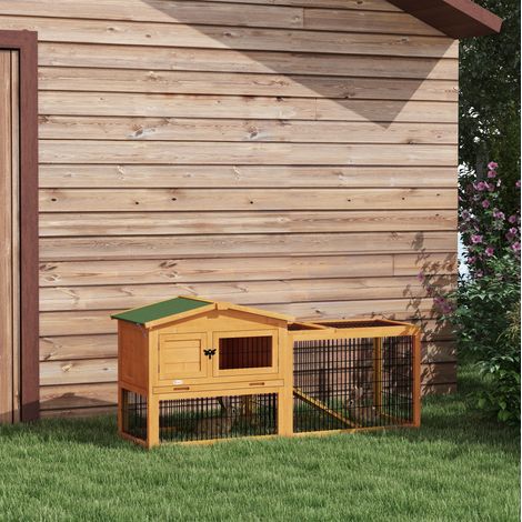 Großer Kaninchenstall 150x52x68 cm aus gelbem Holz mit Freilaufgehege – MEUBLIV (1/5)