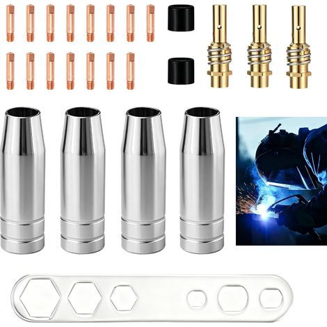 Set mit 25 MIG/MAG MB15 15AK Brennerzubehörteilen, Schweißzusatzwerkstoffen, 15 M6 0,8 mm Kontaktdüsen, 4 konischen Gasdüsen, 3 Düsengriffen, 2 Isolatoren, 1 verstellbarem Schraubenschlüssel