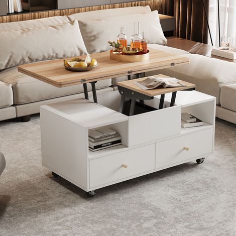 Table basse relevable 100x50x47,5 cm - Table canapé avec hauteur réglable, 4 tiroirs de rangement, roulettes pivotantes, table à mécanisme hydraulique - Blanc