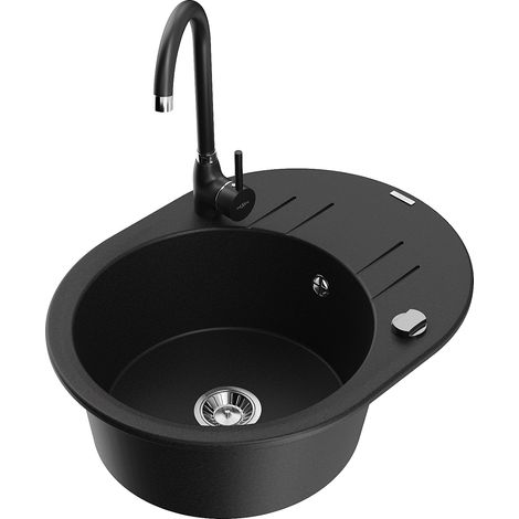 Mexen Kevin fregadero de granito de 1 compartimento con escurridor y grifo de cocina Telma, negro - 6517-77-670200-70 (1/5)