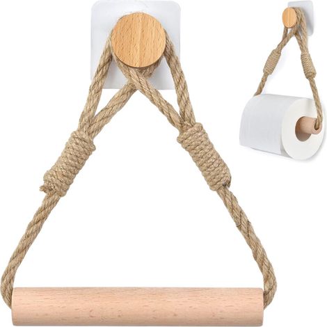 Rouleau de Papier Toilette sans perçage, Porte-Papier Toilette Corde en Bois Anneau De Serviette Rustic (1/5)