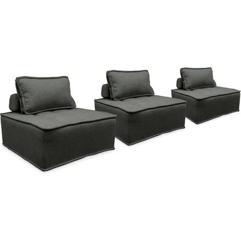 sweeek - 3er Set modulierbare Sessel ohne Armlehne, kapitoniert und mit Paspeln , Stoff, Grau