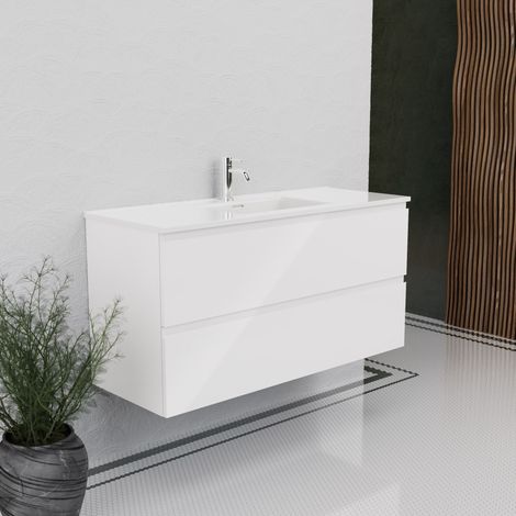 Inda - Badezimmerschrank B.120 mit glänzendem Waschbecken / Hochglanzweiß 2 Schubladen - Rubin (1/5)