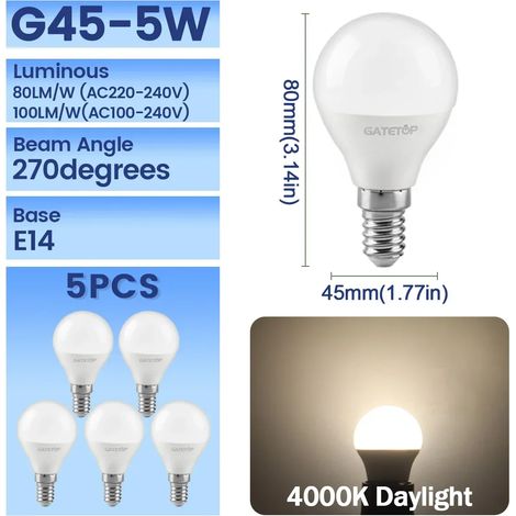 (G45 4000K, AC220-240V) Lot de 5 ampoules LED, culot E14, sans scintillement (1/3)