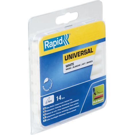 RAPID - Colle - Décoration - Blanche universelle Ø12mm - 94mm x 14 sticks (125g) - Toutes applications, métal, plastique, bois, matériaux poreux, ect - Blister - (40107355)