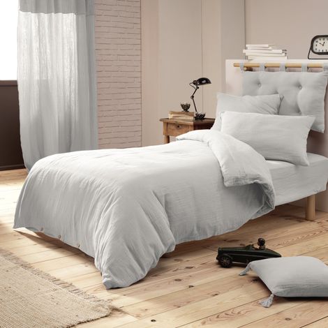 Housse de couette gaze de coton Bio 140x200 cm 1 personne Gris perle (1/4)