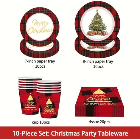 50 pièces de vaisselle à thème Noël, assiettes et serviettes jetables avec motifs d'arbres de Noël peints à la main, décoration chaleureuse pour un dî (1/5)