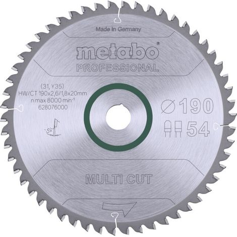 Lame de scie circulaire HW/CT 190 x 20 x 2,6/1,8, nombre de dents 54, denture plate/denture trapézoïdale, angle d'attaque 5° nég. metabo