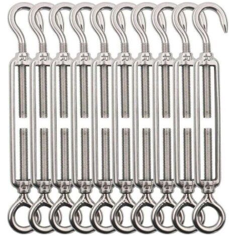 Tendeur Cable Crochet M5 (Crochet et Oeil), Tendeur Fil Acier/Tendeur Cable INOX en Acier Inoxydable 304 pour Fil a Linge, Cable Acier, Corde Acier -10 Pièces