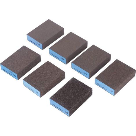 Set mit 7 Schleifklötzen: Körnungen 36, 60, 80, 100, 120, 180, 220 (nass, Trockenbau, grob, mittel, fein)