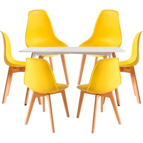 Conjuntos de mesa y sillas - Conjunto Mesa Tower Rectangular 120 x 80 cm Blanca y Pack 6 Sillas Kelen - Amarillo (1/5)