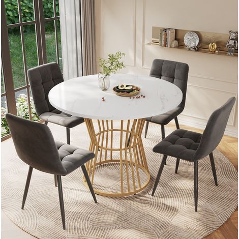 MEUBLIV Ensemble table à manger ronde 100 cm + 4 chaises velours gris foncé et métal doré (1/5)