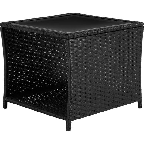 Table d'appoint en rotin noir avec plateau en verre trempé, 45x40x45 cm, pour extérieur et intérieur (1/5)