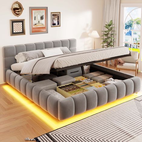 Lit Coffre 160x200 cm Velours Gris - Cadre et Tête de Lit Ultra-Rembourrés avec Bandeau LED - Lit nuage, Lit capitonné - Rangement Hydraulique (1/5)