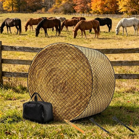 Filet à foin pour chevaux, 5 x 5 m, robuste, résistant à l'usure, balle ronde, pour une alimentation adaptée aux besoins de l'animal, grand filet rond pour ratisseurs à foin, mailles de 45 x 45 mm (1/5)