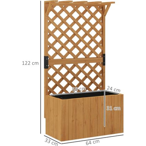Jardinière surélevée avec treillis, toit en pergola et trous de drainage, jardinière d'extérieur en sapin pour plantes grimpantes, fleurs et légumes, 64 x 33 x 122 cm, couleur bois (1/3)