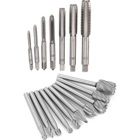 7 tarauds coniques métriques M3 à M12 pour visseuse à main en métal et 10 outils de sculpture sur bois HSS à queue de 3 mm (1/8 pouce)argent. (1/5)