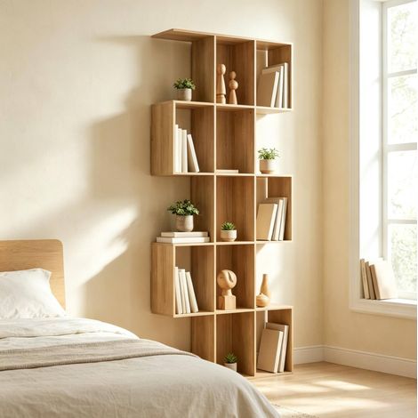 Bibliothèque S 80x24x200 cm en MDF chêne avec 15 niches ouvertes, gain de place pour salon – MEUBLIV (1/5)