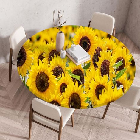 Housse de table élastique ronde lavable avec élastique, motif tournesol, 140cm