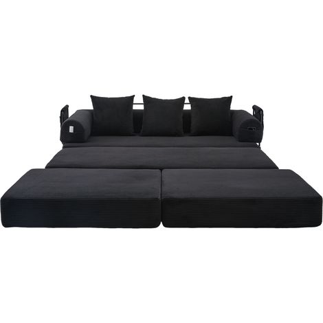 Sofá modular de pana negro con reposapiés, 3 cojines, armazón metálico y bolsillo lateral (1/5)