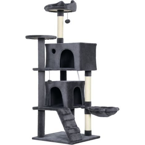 140cm Cat Tree Tower with Scratching Posts, Plush Perches, Cat Houses, Hammock, Ladder in Dark Grey (1/5)