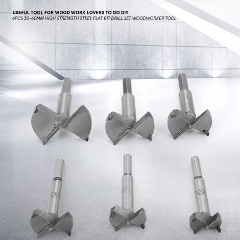 Lot de 6 forets à bois plats en acier trempé 30-60mm, embouts robustes pour perceuse, outil menuisier (1/5)