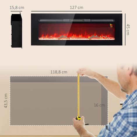 Elektrischer Kamin mit Wandhalterung und Fernbedienung, künstliche Holzscheite und Kristalle, 1800W Leistung, Schwarz (1/5)