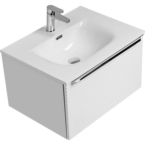 Waschtischunterschrank 60 cm mit Waschbecken aus Keramik LARCIANO-56 in weiß gerilt, B/H/T: 61/41,2/46 cm (1/5)
