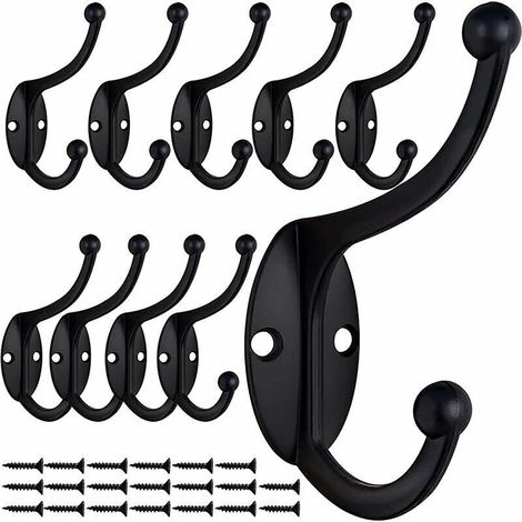 Set di 10 ganci da parete retrò in metallo nero – Ganci doppi per bagno, cucina, camera da letto – Resistenti
