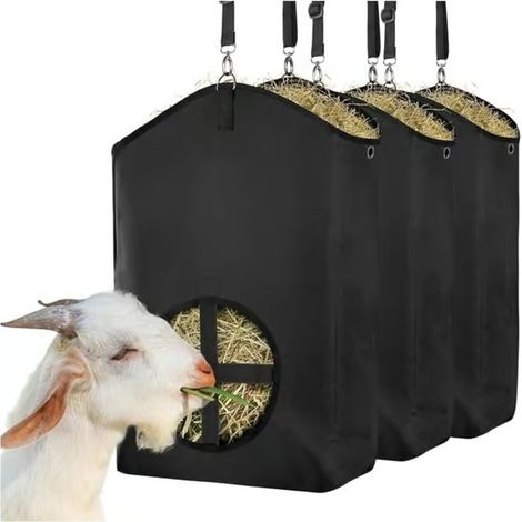 Râtelier à foin suspendu. Tissu Oxford 600D de haute qualité, imperméable, noir, portable et réglable. Convient aux chevaux, moutons, bovins et ânes. Lot de 3. (1/5)