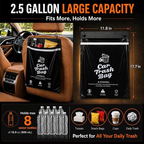 50 sacs poubelle pour voiture (1 paquet) - Sacs poubelle jetables de 2 à 5 gallons (environ 9 à 5 litres) pour voitures, SUV, camions et camping-cars - Sacs étanches et anti-odeurs - Fixation par band (1/5)