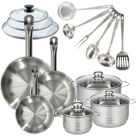 Set 3 poêles 20, 24 et 28 cm en inox et couvercles, 3 faitouts inox 16, 20 et 24 cm et 6 ustensiles inox Fackelmann Eterna (1/5)