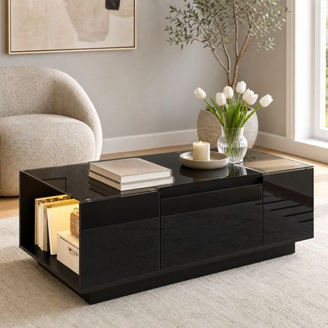 Tavolino da caffè nero in pannello truciolare e vetro, 105 cm, con LED e 2 cassetti (1/5)