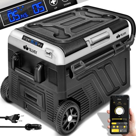 tillvex Glacière électrique à compresseur 51 litres / gris  Congélateur électrique avec contrôle par application et port USB 12/24 V 230 V  Réfrigérateur jusqu'à -20 °C