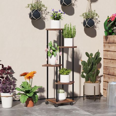 Étagère à plantes à 5 niveaux avec roulettes, support à fleurs intérieur/extérieur en acier et bois, 110 cm, pour salon, jardin et balcon, finition brûlée (1/5)
