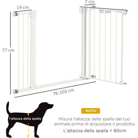 Barrière pour chiens de petite et moyenne taille, avec double verrouillage et fonction de fermeture automatique, 76-103 x 4,2 x 77 cm, blanche. (1/5)