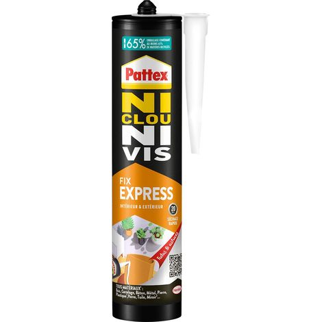 Pattex Ni Clou Ni Vis Fix Express, colle de fixation express, séchage en 20 min, colle forte résistante à l'humidité, mastic blanc, cartouche de 390 g