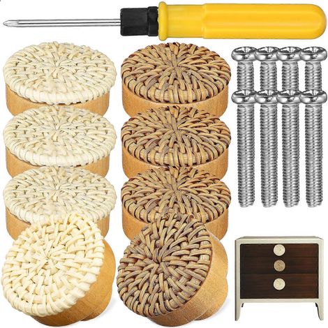 Boutons de tiroir en rotin, 1 jeu avec vis et tournevis (1/5)