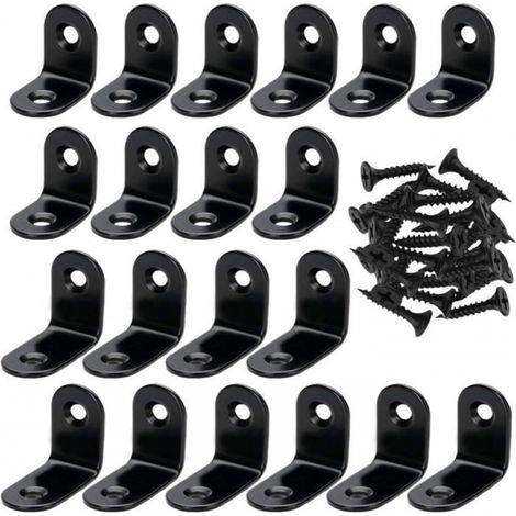 Lot de 20 équerres en acier inoxydable noir, 2 tailles, 10 de chaque, avec 40 vis pour meubles (1/5)