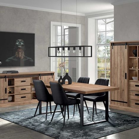 Altobuy – Ensemble séjour industriel complet – Argentier et buffet multi-rangements avec éclairage Led – Table rectangulaire 230 cm piètement U (1/5)