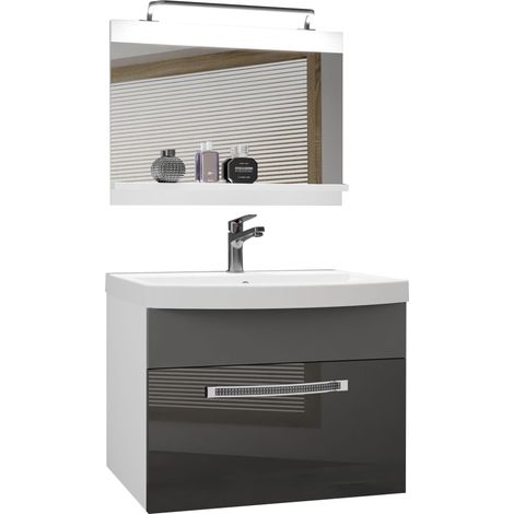 Belini Badezimmer Badmöbel Set Vollausstattung mit Waschbecken Unterschrank Waschtisch Spiegel Lampe Möbel Grau/Grau, Glänzend und Matt (1/5)