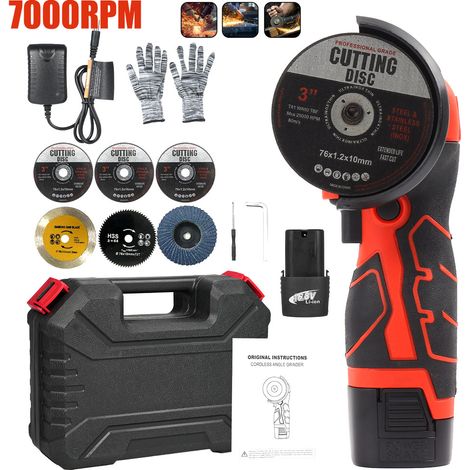 Ej.Life Mini-Akku-Schleifgerät, 16,8 V Mini-Akku-Winkelschleifer, Akku-Winkelschleifer mit Ladegerät und 2 x 2000 mAh Akku, 7000 U/min, 6 Trennscheiben zum Schleifen und Polieren, Schneiden, rot