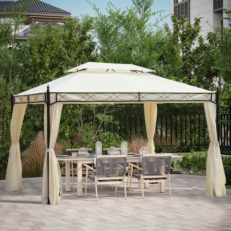 Cenador de Jardín 4x3m con Doble Techo Estructura de Acero Anti-UV para Exterior Patio 400x300x280 cm Crema (1/5)