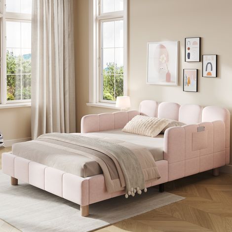 Lit enfant 90x200 cm, avec tête de lit rembourrée, barrières sécurité, pieds bois massif, design confortable et sécurisé, velours - rose (1/5)