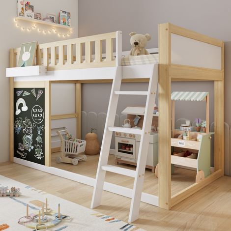 Lit mezzanine sécurisé 90x200 avec tableau noir et coffre. Rangements réglables sous le lit. Pin et MDF, blanc/naturel (sans Matelas) (1/5)