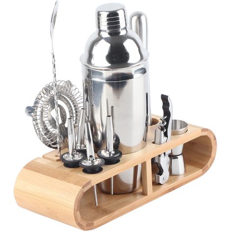 11-teiliges Cocktailbar-Set aus Edelstahl, Shaker mit Holzsockel, Barzubehör für Martinis und andere Drinks (1/5)