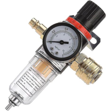 Druckminderer für die Druckluftwartung, 1/4-Zoll-Druckluftregler mit Partikelfilter und Wasserabscheider, Schnellkupplungen für Kompressor. (1/5)