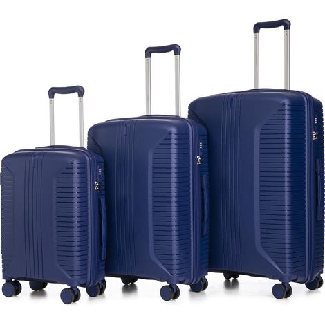 Ensemble de 3 valises à roulettes pivotantes en PP 20"/24"/28" – tailles avec poignées latérales, crochets de suspension et pieds de protection – cadenas à combinaison intégré (bleu)